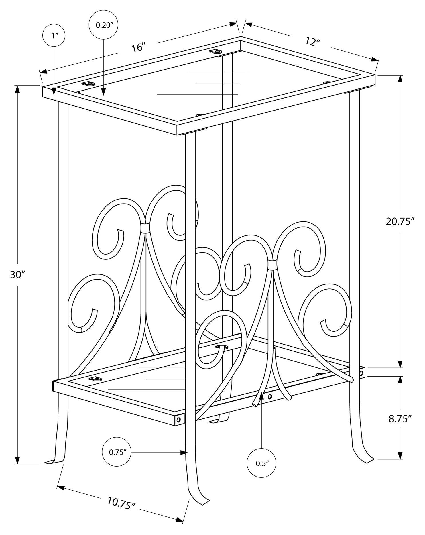 ACCENT TABLE - 30"H / SILVER METAL WITH TEMPERED GLASS
