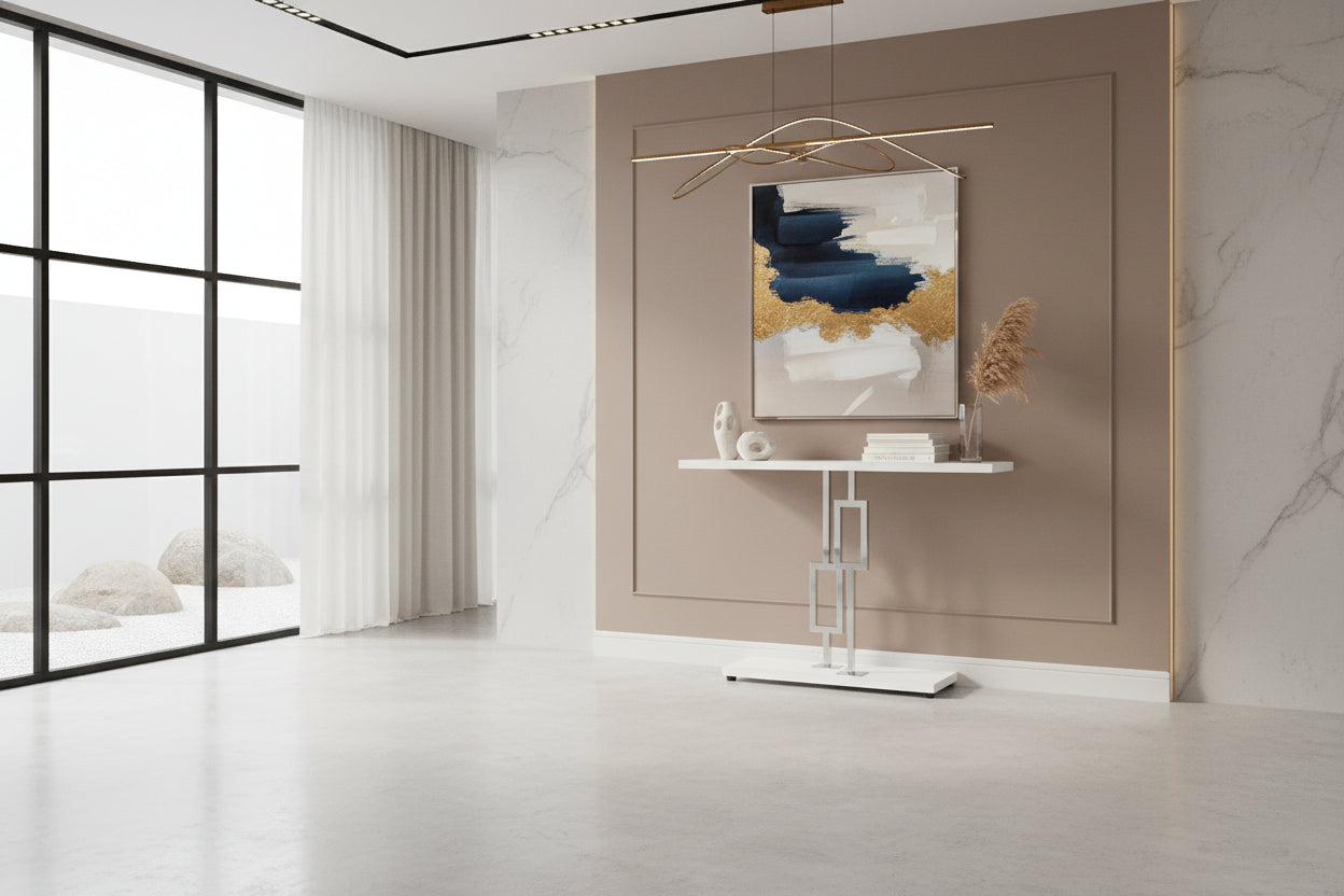 TABLE D'APPOINT - 48"L / BLANC BRILLANT / MÉTAL CHROME