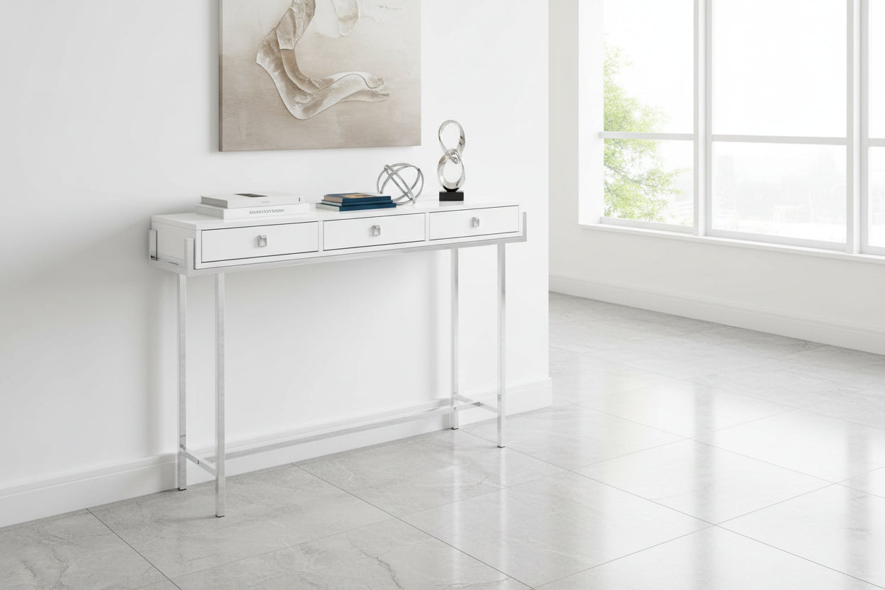 TABLE D'APPOINT - 48"L / BLANC BRILLANT / MÉTAL CHROME