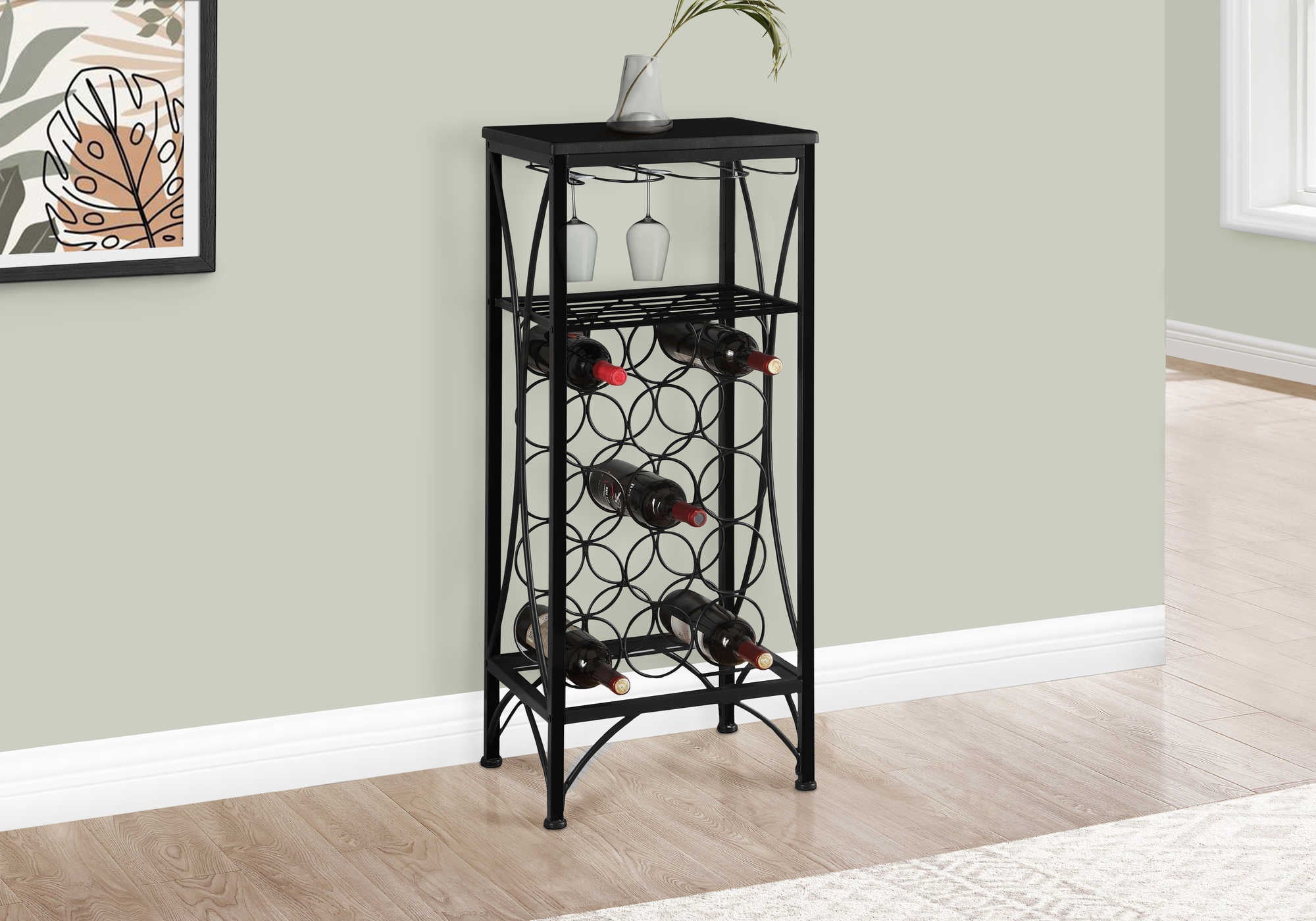 HOME BAR - 40"H / BLACK METAL WINE BOTTLE AND GLASS RACK