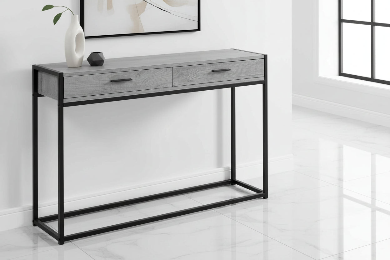 TABLE D'APPOINT - 48"L / CONSOLE D'ENTRÉE EN MÉTAL GRIS / NOIR