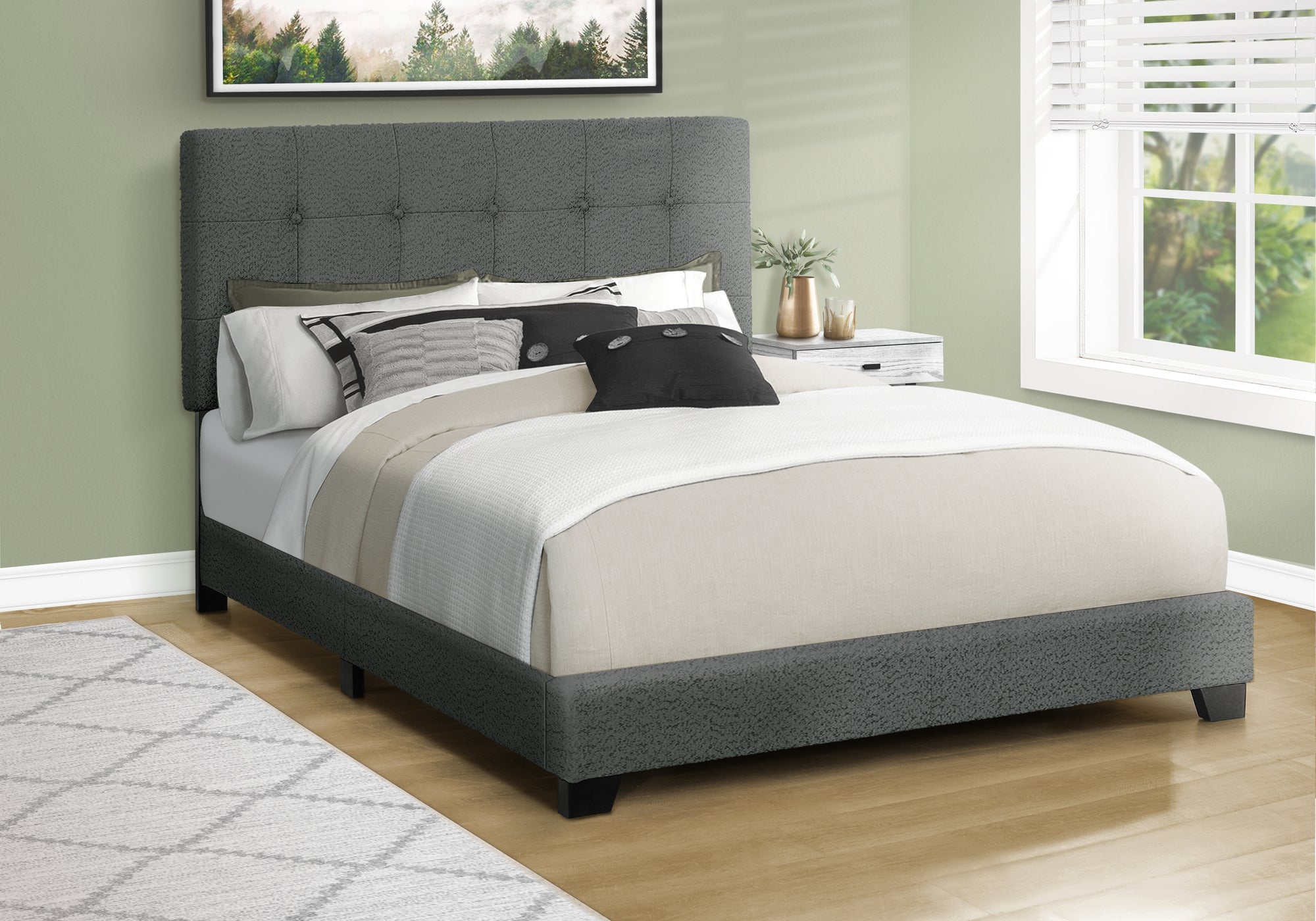 BOUCLE FABRIC UPHOLSTERED QUEEN SIZE BED FRAME
