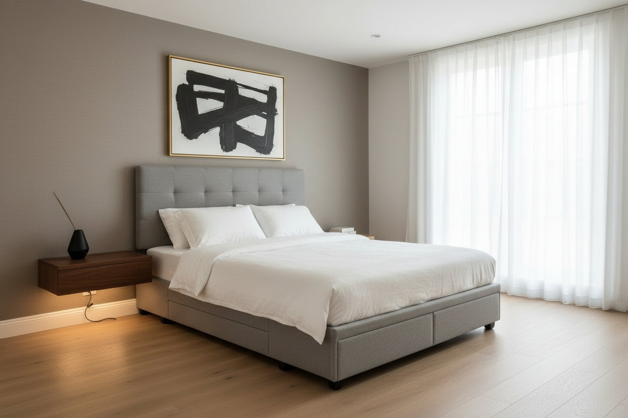 LIT - QUEEN SIZE / LIN GRIS AVEC 2 TIROIRS DE RANGEMENT