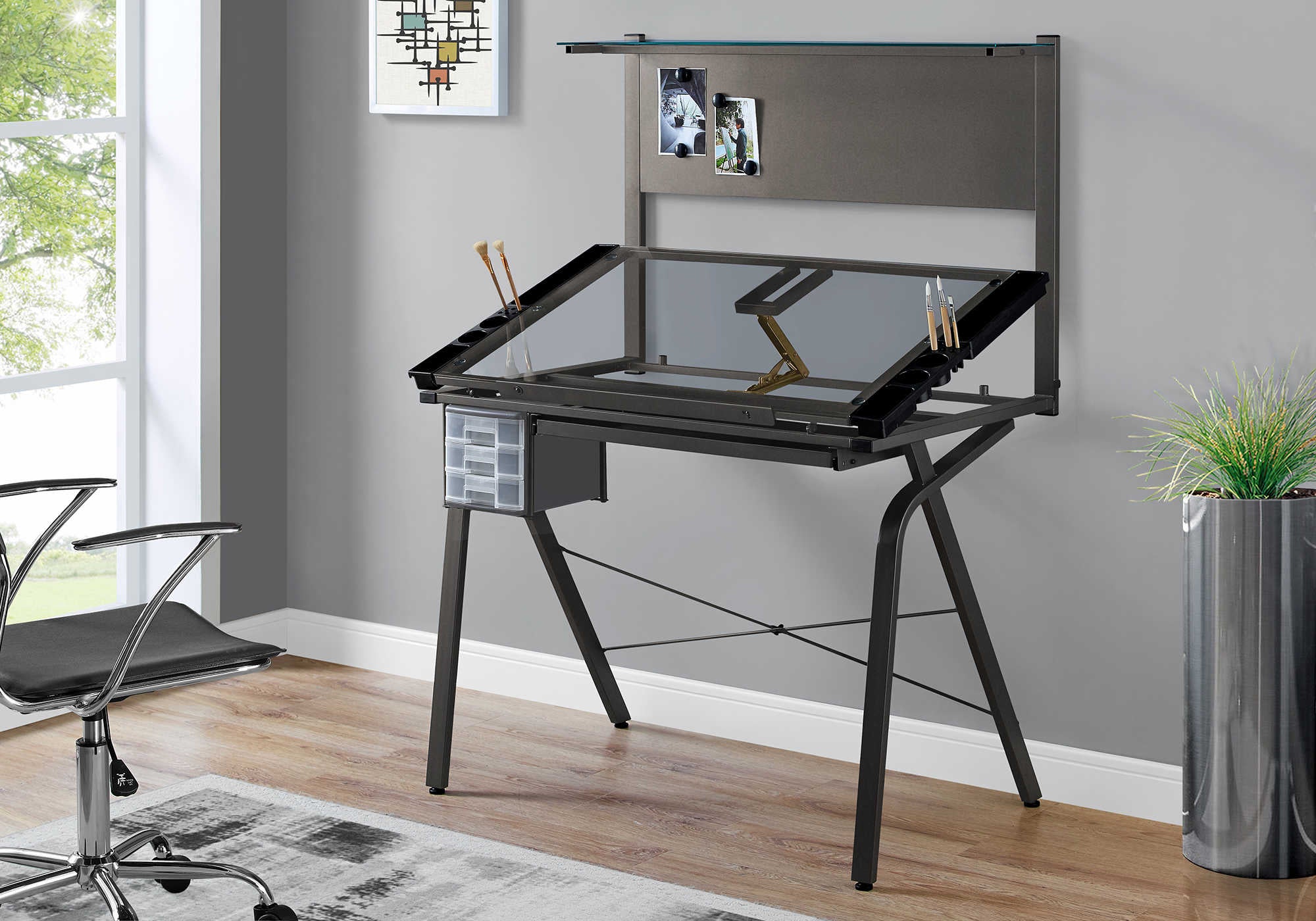 DRAFTING TABLE - ADJUSTABLE / GREY METAL / TEMPERED GLASS