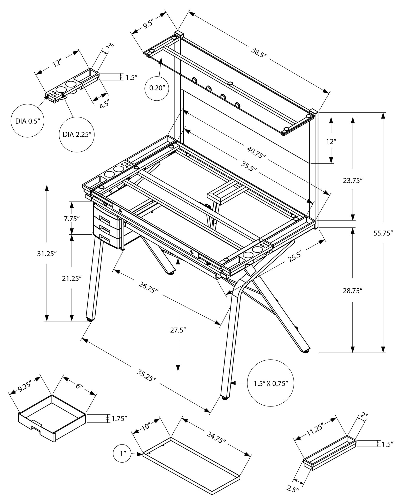 DRAFTING TABLE - ADJUSTABLE / GREY METAL / TEMPERED GLASS