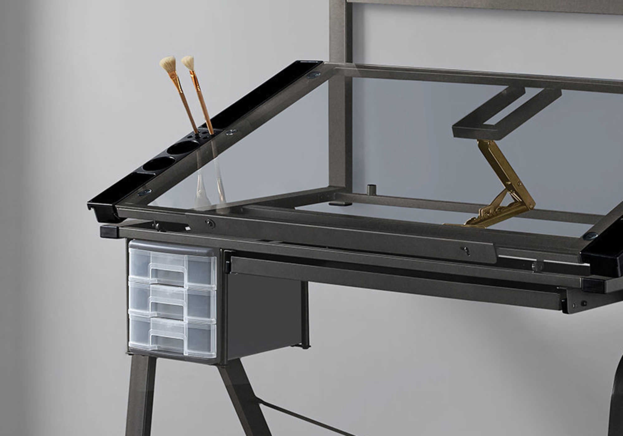 DRAFTING TABLE - ADJUSTABLE / GREY METAL / TEMPERED GLASS