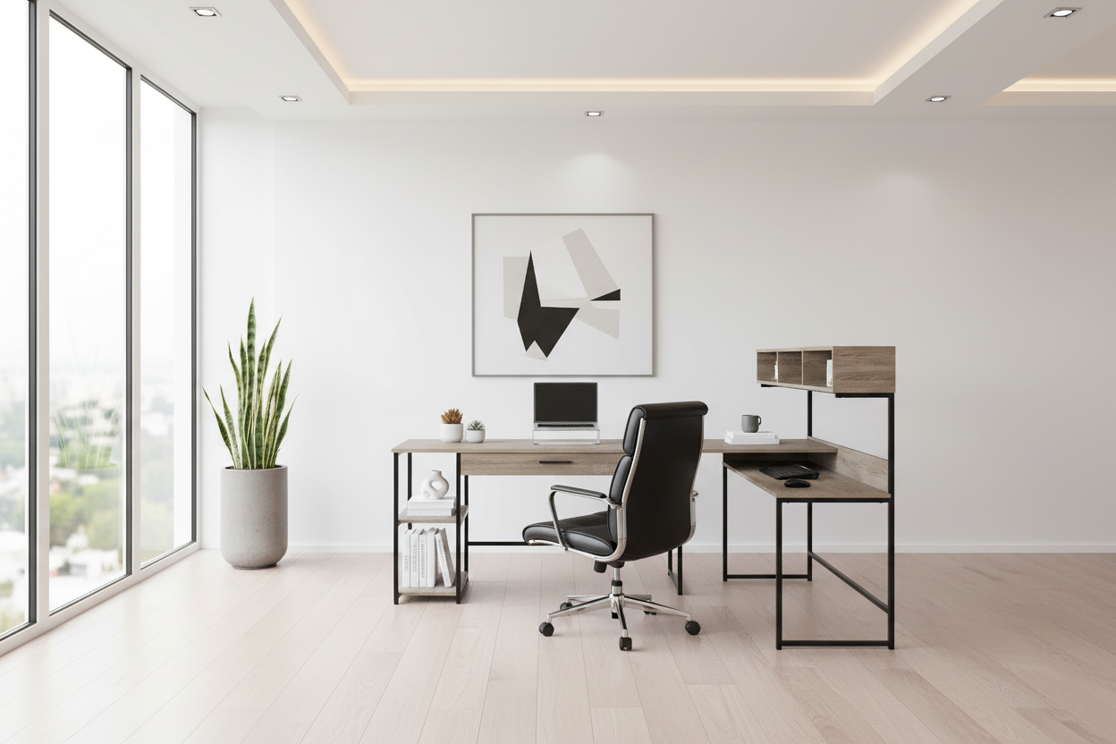 BUREAU D'ORDINATEUR - D'ANGLE EN MÉTAL GRIS / NOIR