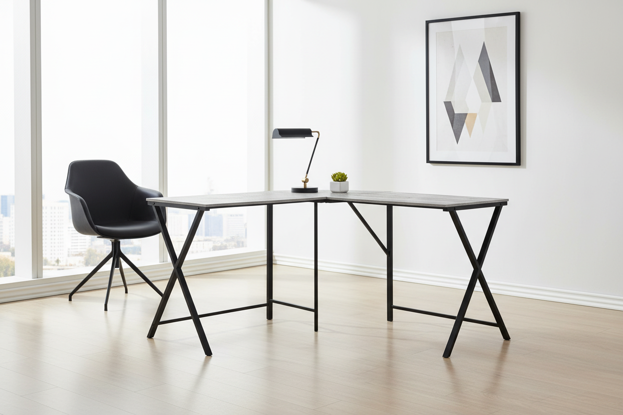 BUREAU D'ORDINATEUR - 55"L / DESSUS BLANC / COIN EN MÉTAL NOIR