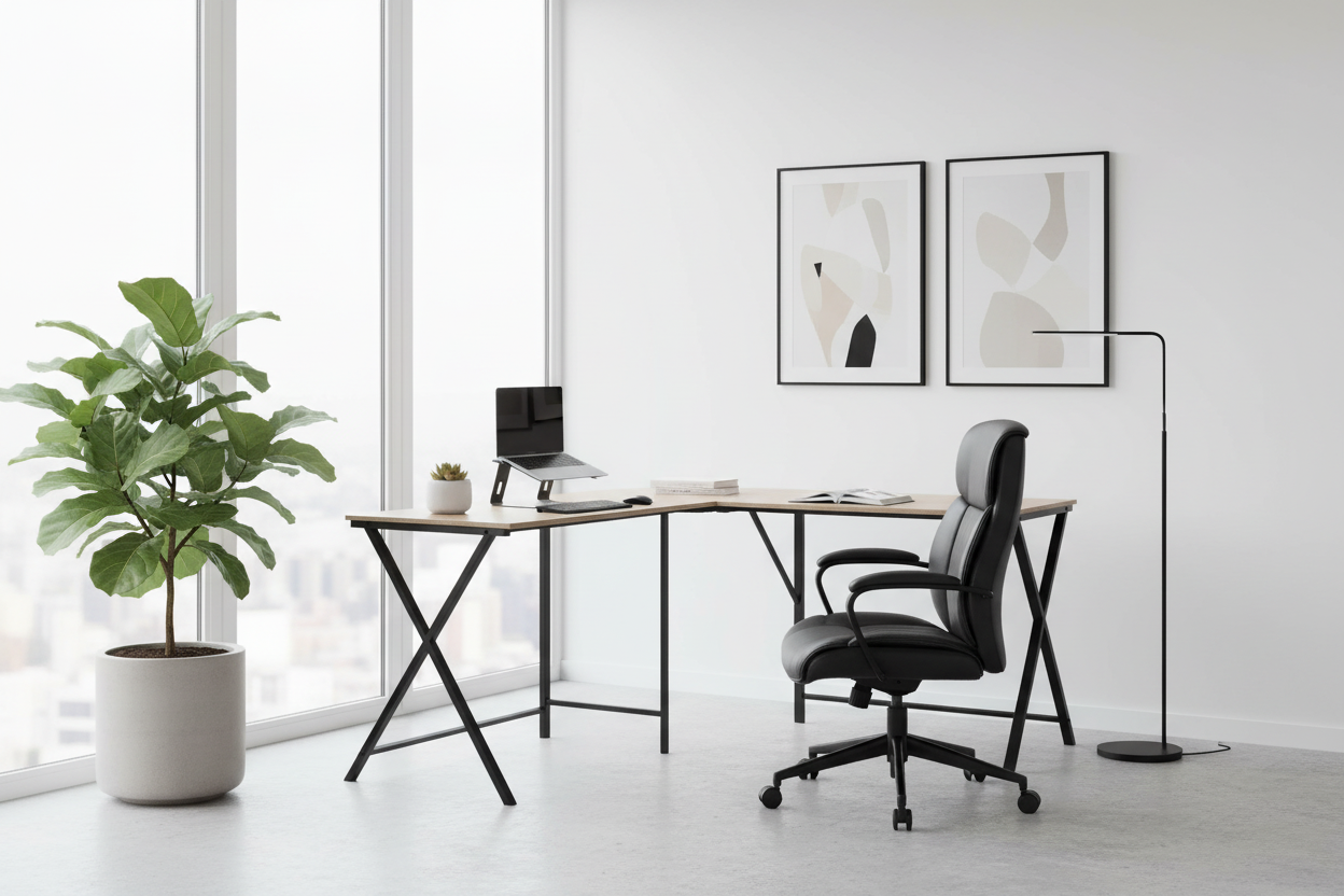 BUREAU D'ORDINATEUR - 55"L / DESSUS BLANC / COIN EN MÉTAL NOIR