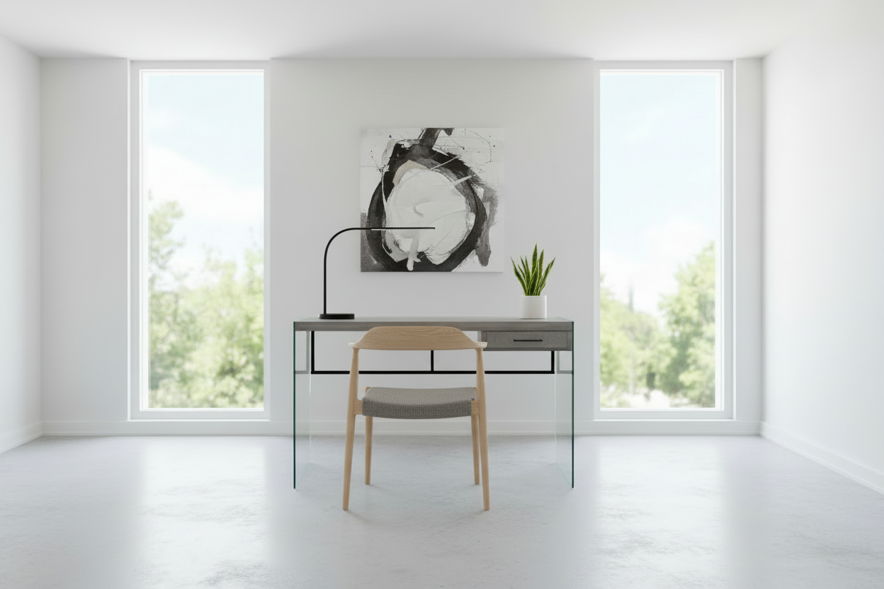 BUREAU D'ORDINATEUR - 48"L / BLANC BRILLANT / VERRE TREMPÉ