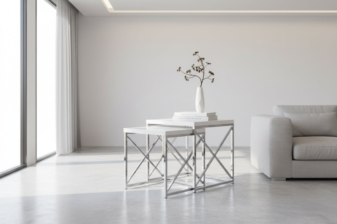 TABLES GIGOGNES - ENSEMBLE 2 PIÈCES / BLANC BRILLANT / MÉTAL CHROMÉ