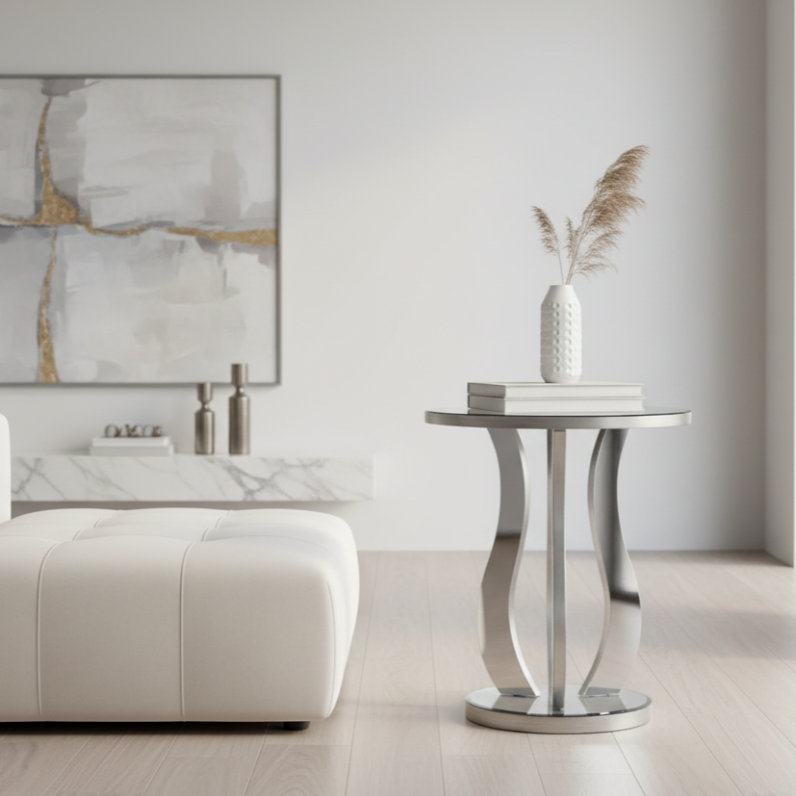 TABLE D'APPOINT - 20" DE DIAMÈTRE / ARGENT BROSSÉ / MIROIR