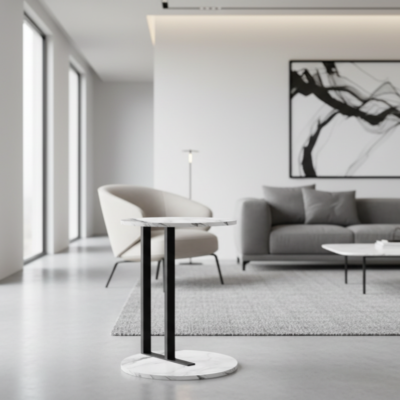 TABLE D'APPOINT - 24"H / ASPECT MARBRE BLANC / MÉTAL NOIR