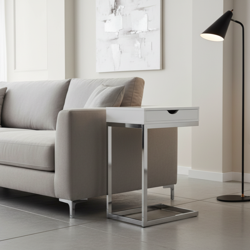 TABLE D'APPOINT - MÉTAL CHROME / BLANC BRILLANT AVEC TIROIR