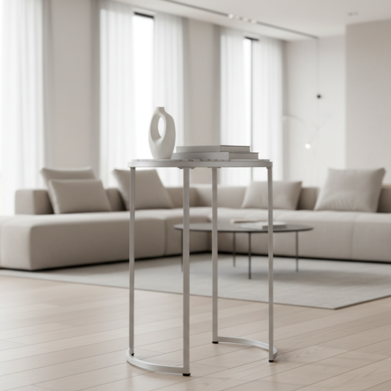 ACCENT TABLE - 24"H / WHITE MARBLE-LOOK / SILVER METAL