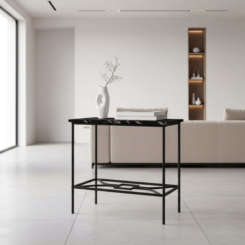 TABLE D'APPOINT - 22"H / MARBRE NOIR / MÉTAL NOIR