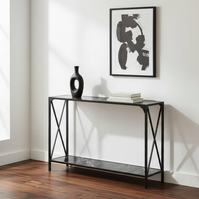 TABLE D'APPOINT - 48"L / BLANC / CONSOLE D'ENTRÉE EN MÉTAL BLANC