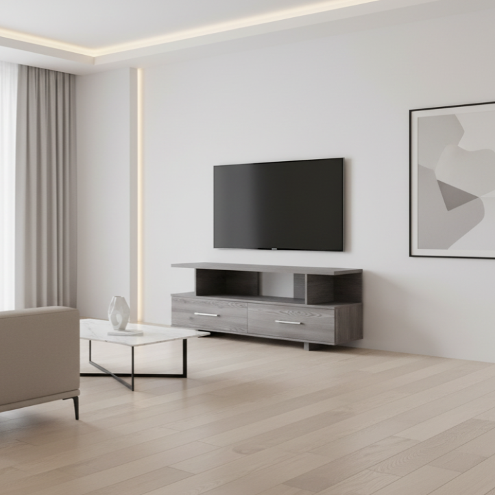 MEUBLE TV - 48"L / GRIS AVEC 2 TIROIRS DE RANGEMENT