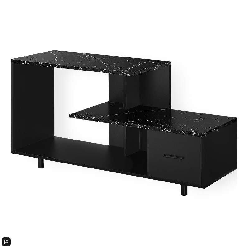 MEUBLE TV - 48"L / NOIR / DESSUS EN MARBRE NOIR / 1 TIROIR