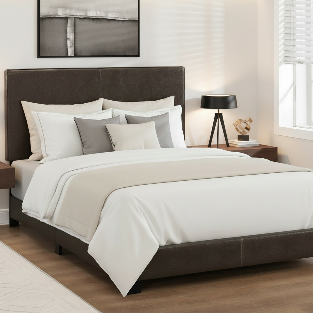 BED - FULL SIZE / DARK BROWN LEATHER-LOOK