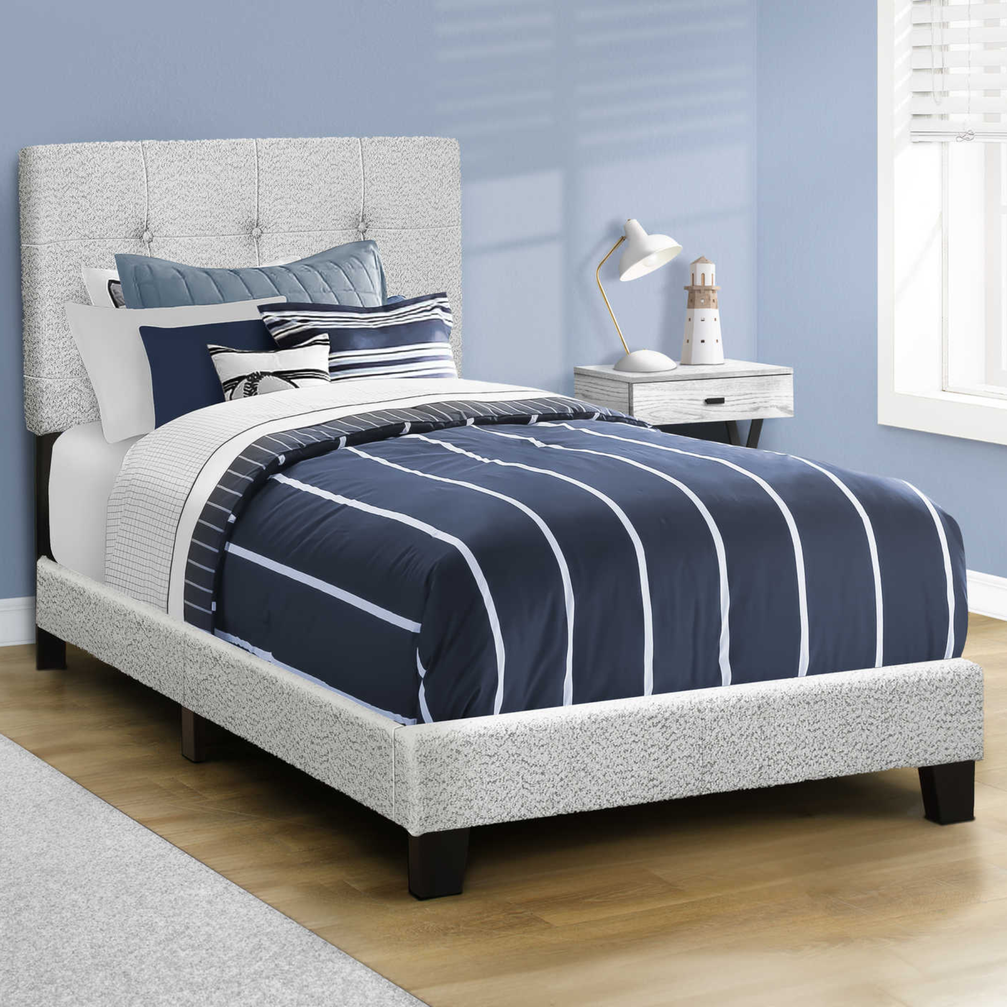 BED - TWIN SIZE / LIGHT GREY BOUCLE FABRIC