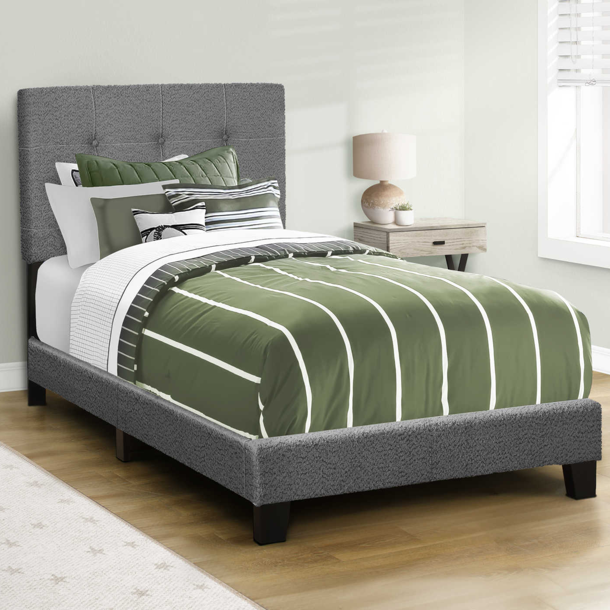 BOUCLE FABRIC UPHOLSTERED TWIN SIZE BED FRAME