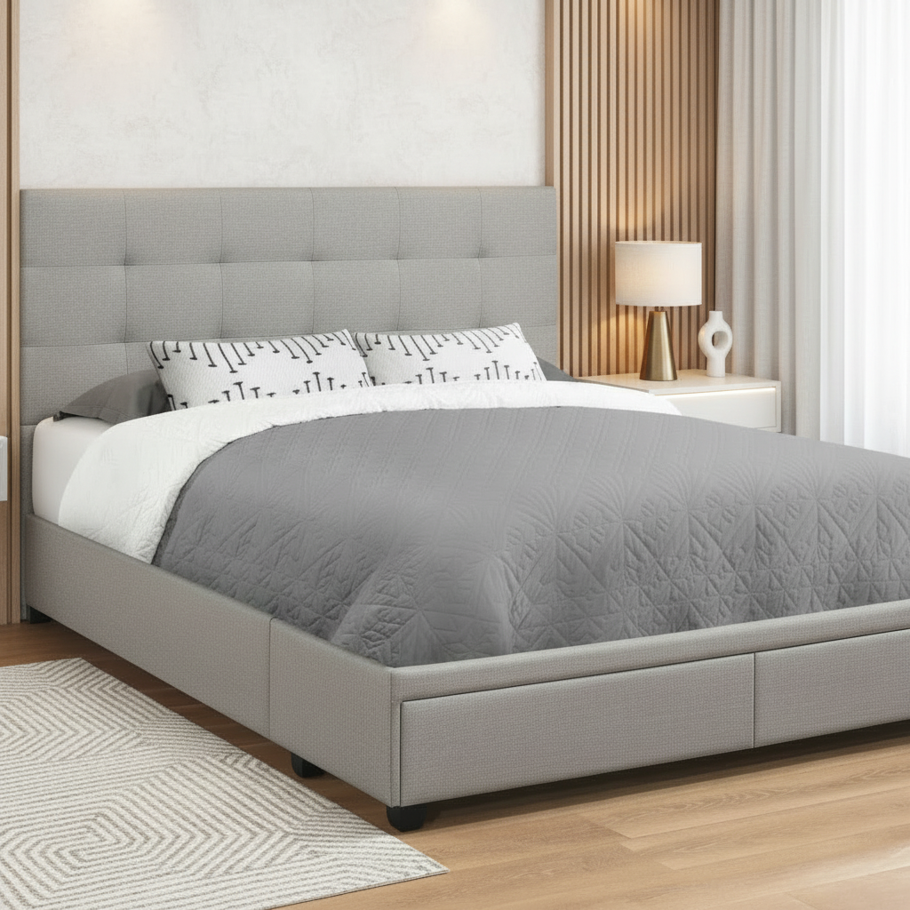 LIT - QUEEN SIZE / LIN GRIS AVEC 2 TIROIRS DE RANGEMENT