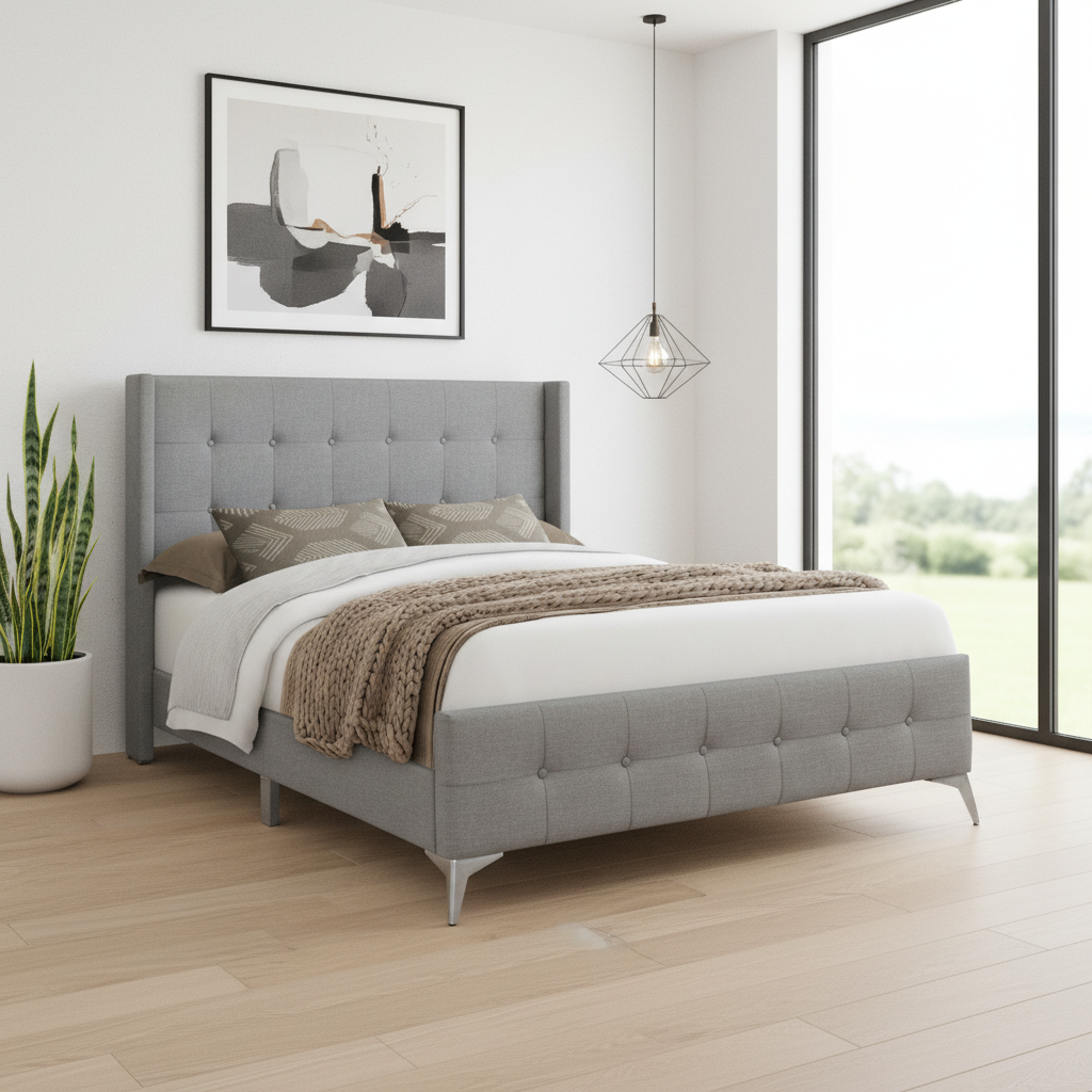 LIT - QUEEN SIZE / LIN GRIS AVEC PIEDS EN MÉTAL CHROMÉ