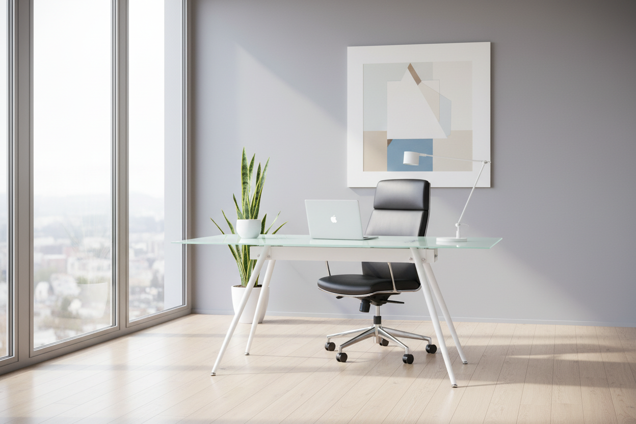 BUREAU D'ORDINATEUR - 28"X 48" / BLANC / VERRE TREMPÉ 8MM