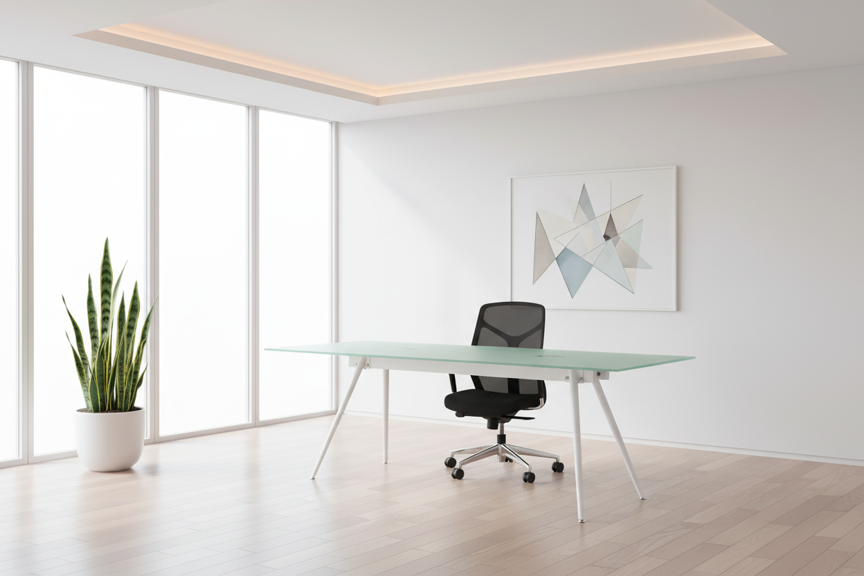 BUREAU D'ORDINATEUR - 28"X 48" / BLANC / VERRE TREMPÉ 8MM