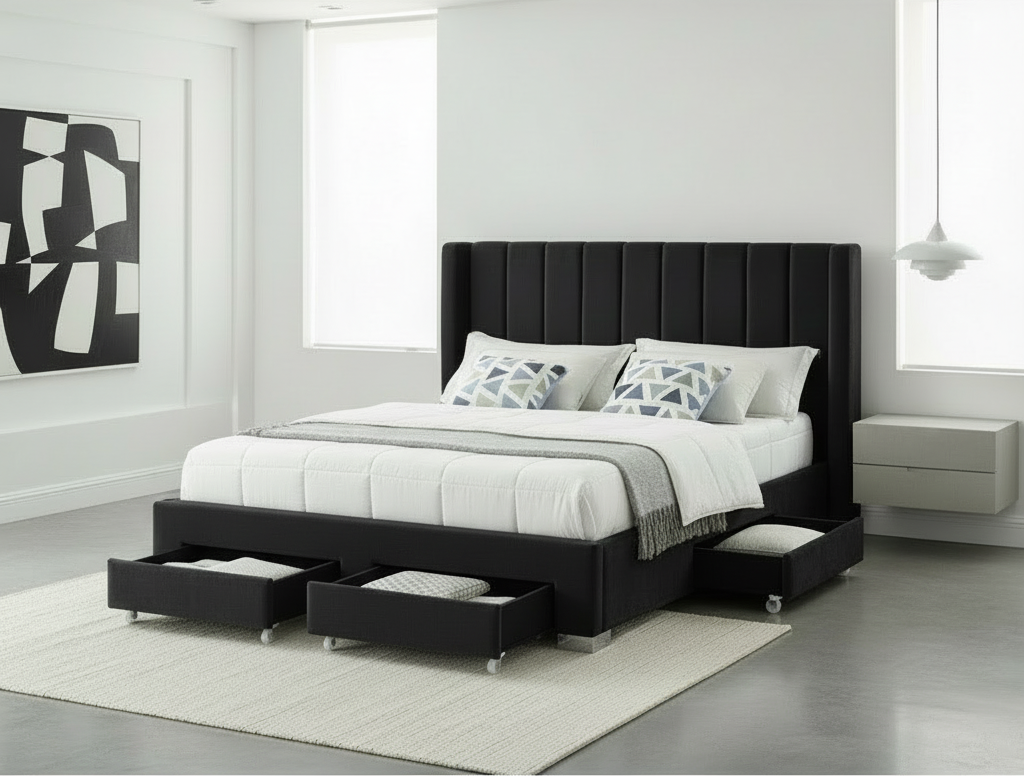 Lit à oreilles en tissu velours noir IF-5313