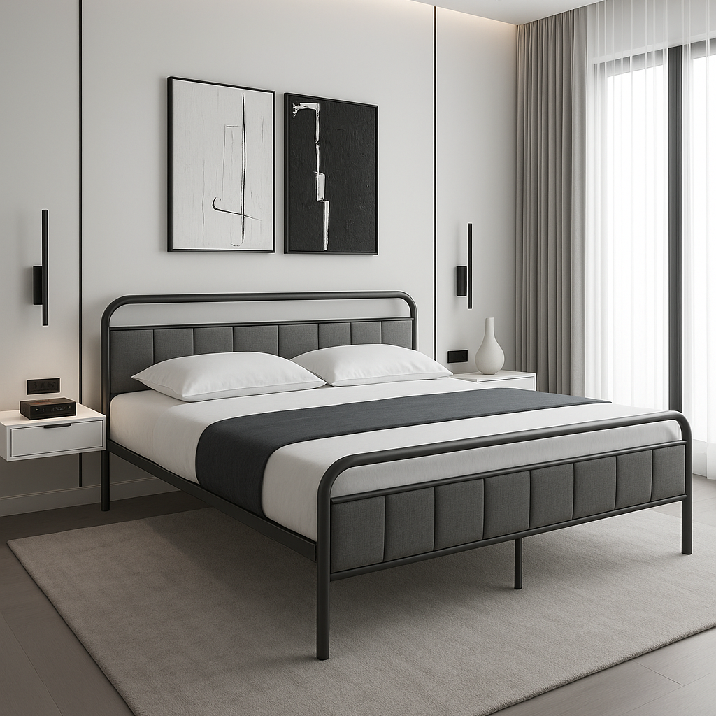 LIT - QUEEN SIZE / TISSU GRIS / PLATEFORME EN MÉTAL NOIR 