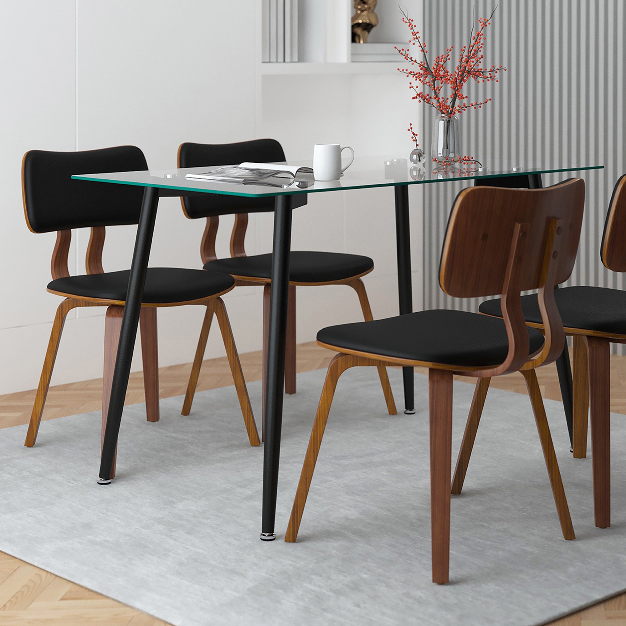 Zuni Dining Chair in Black Faux Leather and Walnut