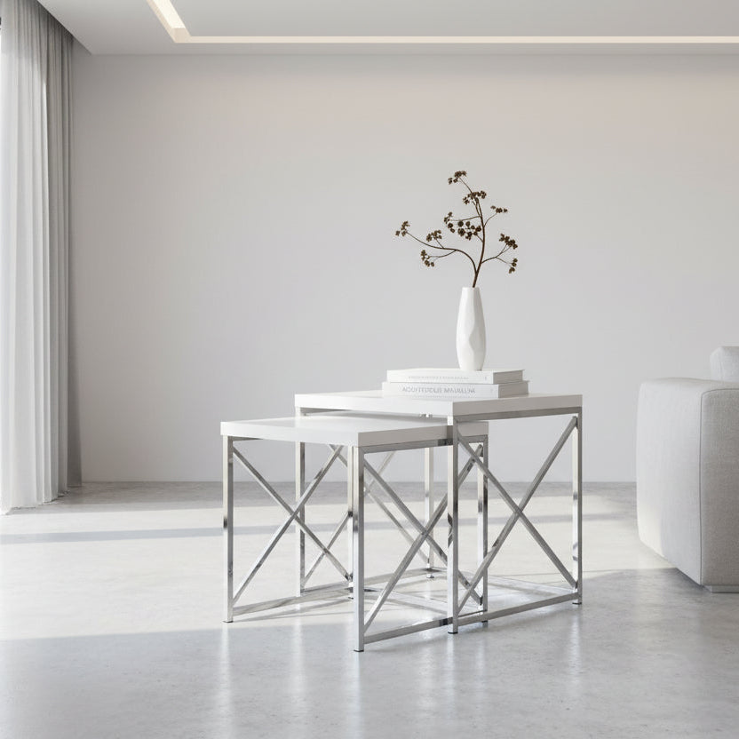 TABLES GIGOGNES - ENSEMBLE 2 PIÈCES / BLANC BRILLANT / MÉTAL CHROMÉ