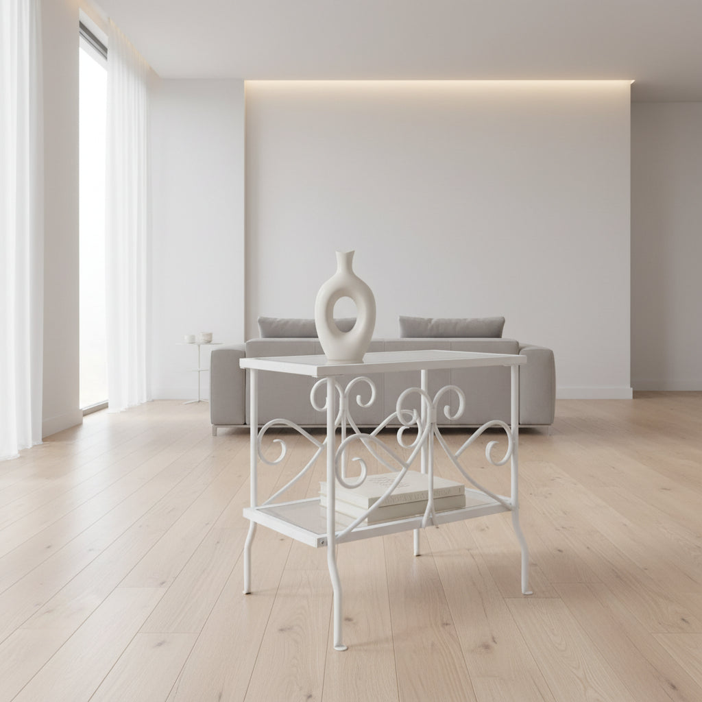 TABLE D'APPOINT - MÉTAL BLANC AVEC VERRE TREMPÉ