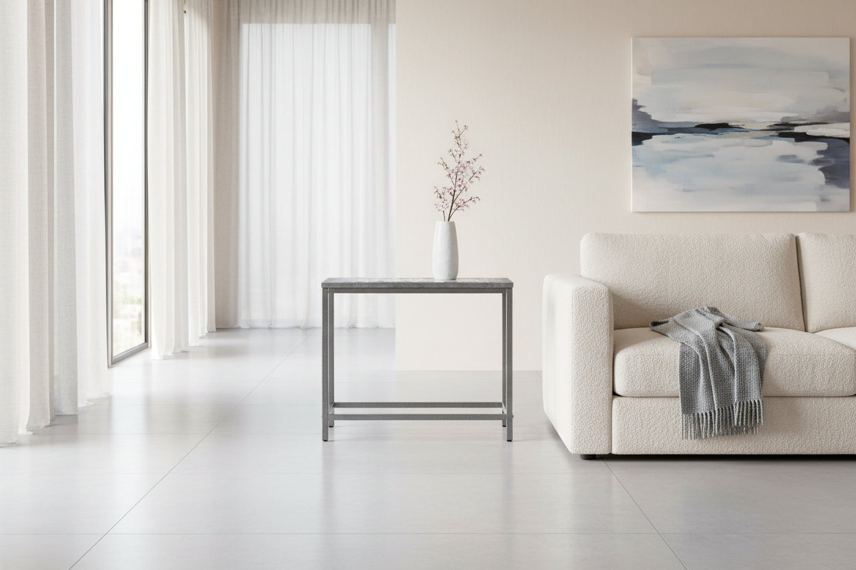 ACCENT TABLE - GREY / BLUE TILE TOP / HAMMERED SILVER