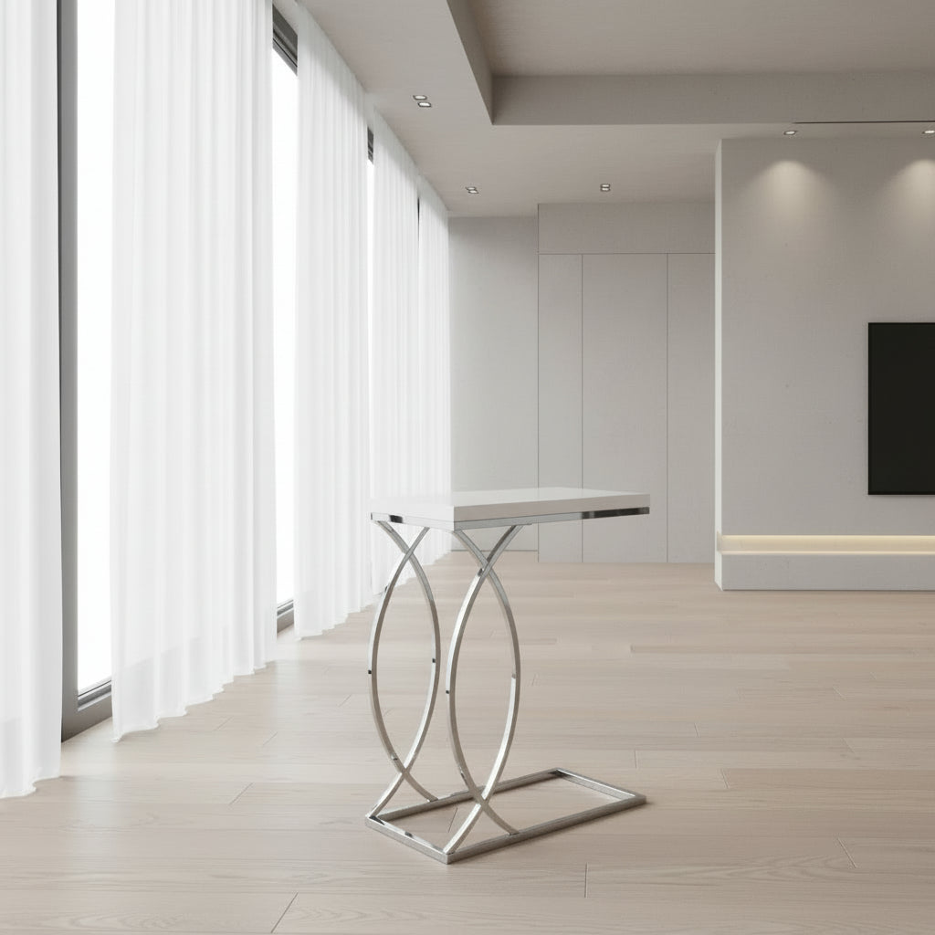 TABLE D'APPOINT - BLANC BRILLANT AVEC MÉTAL CHROME