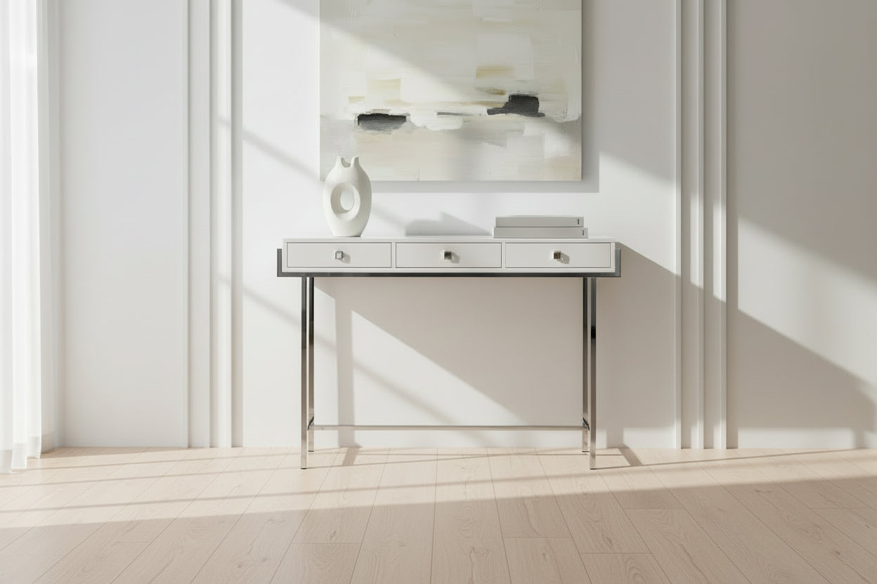 TABLE D'APPOINT - 48"L / BLANC BRILLANT / MÉTAL CHROME