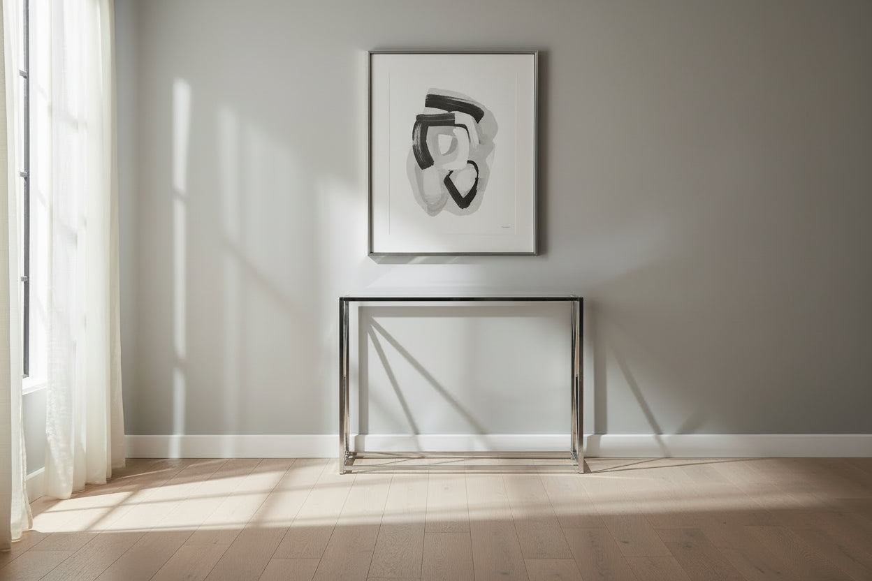 TABLE D'APPOINT - 42"L / MÉTAL CHROMÉ AVEC VERRE TREMPÉ