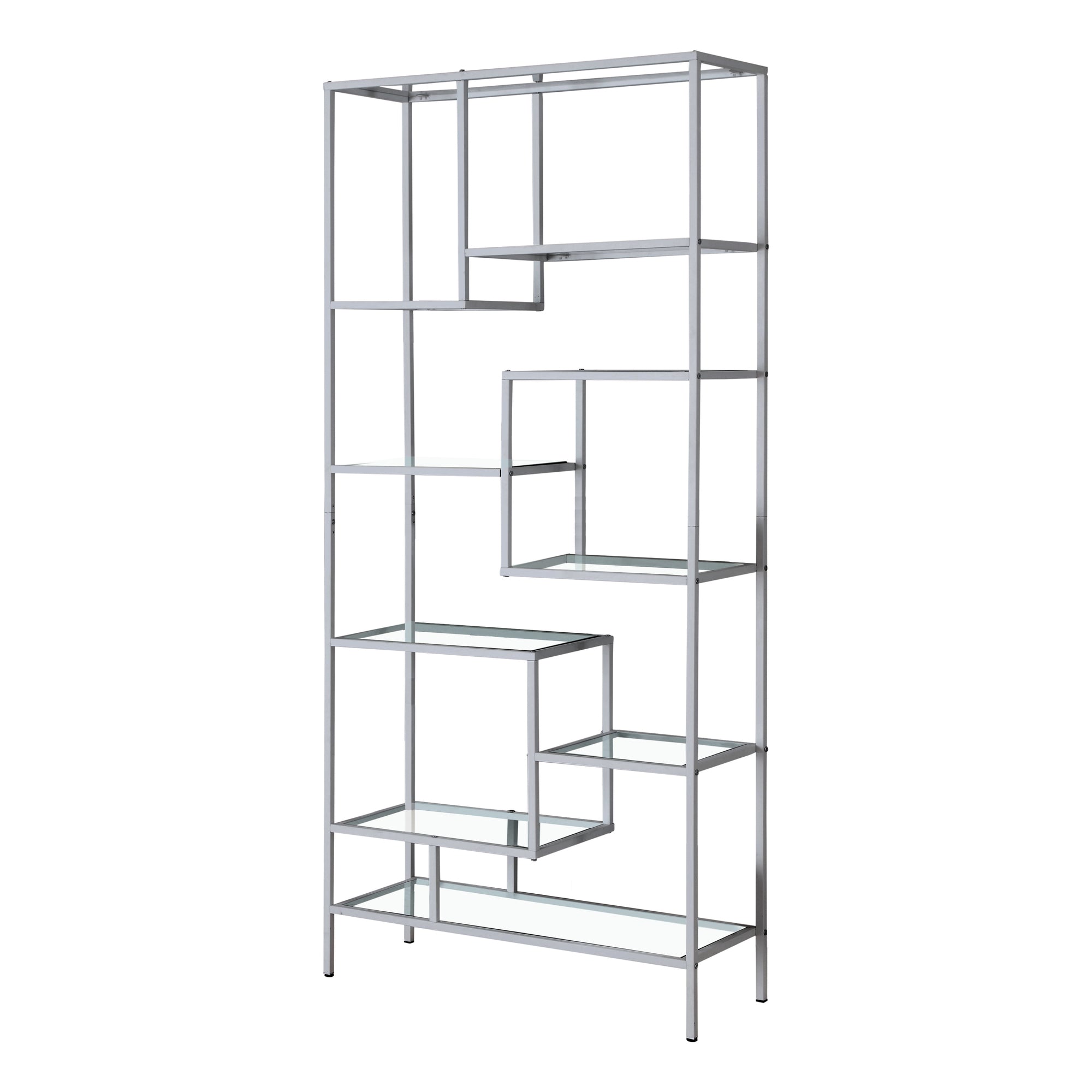 BOOKCASE - 72"H / SILVER METAL WITH TEMPERED GLASS